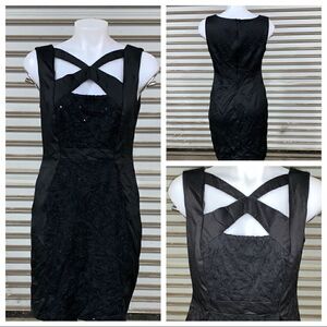 Connected dress evening sheath black career lace sequins cocktail 10 petit